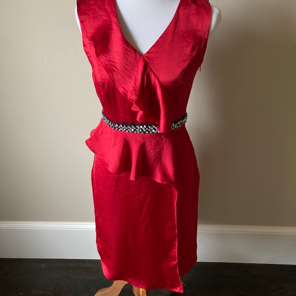 ANTONIO MELANI Red Sleeveless Ruffled Peplum Dress with Embellished Waist